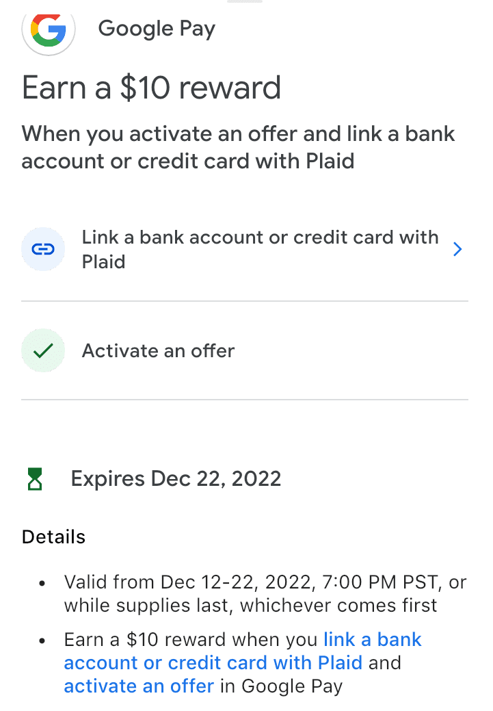 Google Pay介绍【2022.12更新：通过Plaid链接银行账户，奖励】