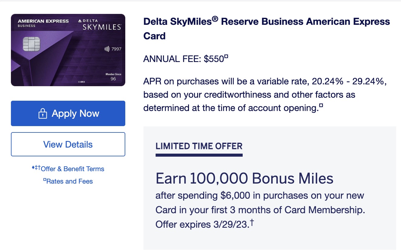 Amex Delta SkyMiles Reserve商业信用卡【2023.2更新：100K开卡奖励】